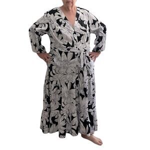 Anthropologie Maeve Floral Maxi Dress Black White Printed Long Sleeve Plus Size
